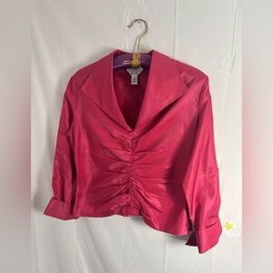 100% Silk Shiny Pink Magenta Rouched Bodice Collared Coquette Blouse Women’s M-L